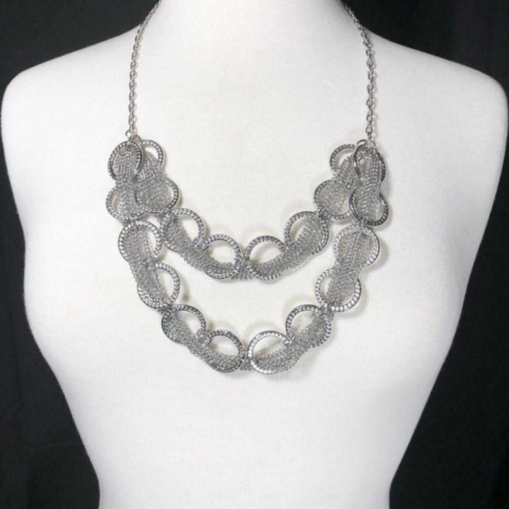 Long Double Row Chain Rings Silver Necklace Set